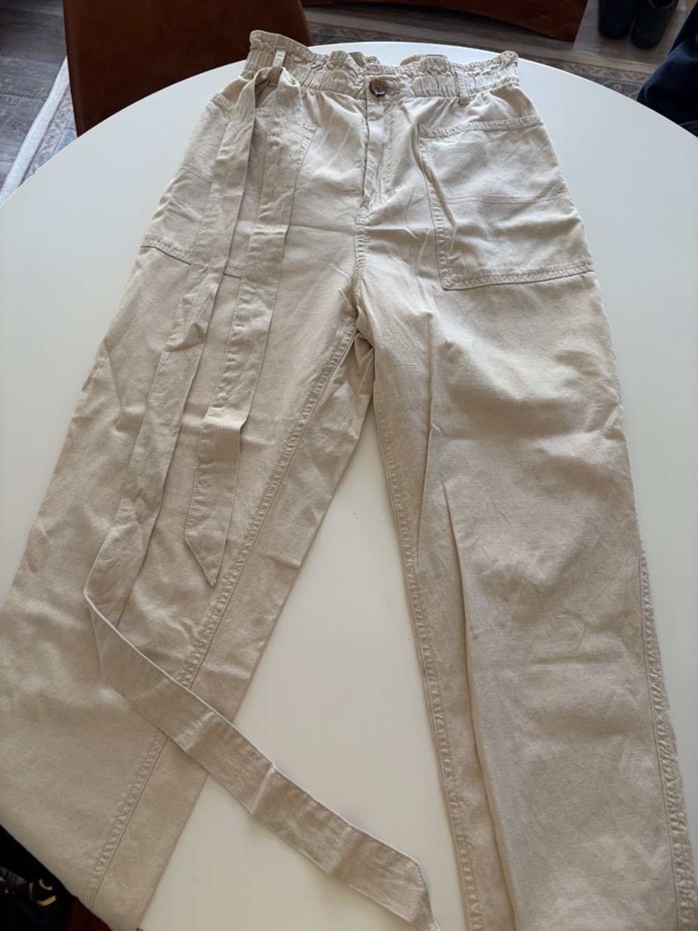 H&M Cotton & Linen Cream Straight-Leg Utility Pants with Belt